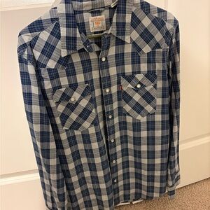 Levi's Men's Navy and White Plaid Western Button-Down Shirt
